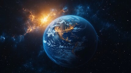 Fototapeta premium Earth at night from space, illuminated by a bright nebula.