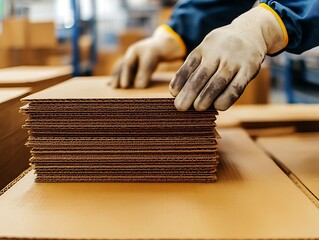 Factory worker stacking cardboard sheets