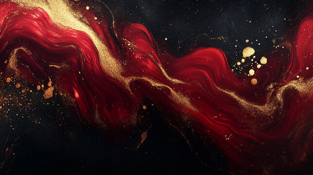 Abstract Red and Gold Fluid Art Pattern. Abstract fluid flowing art by alcohol ink deep red and black with gold dark tone in concept luxury.