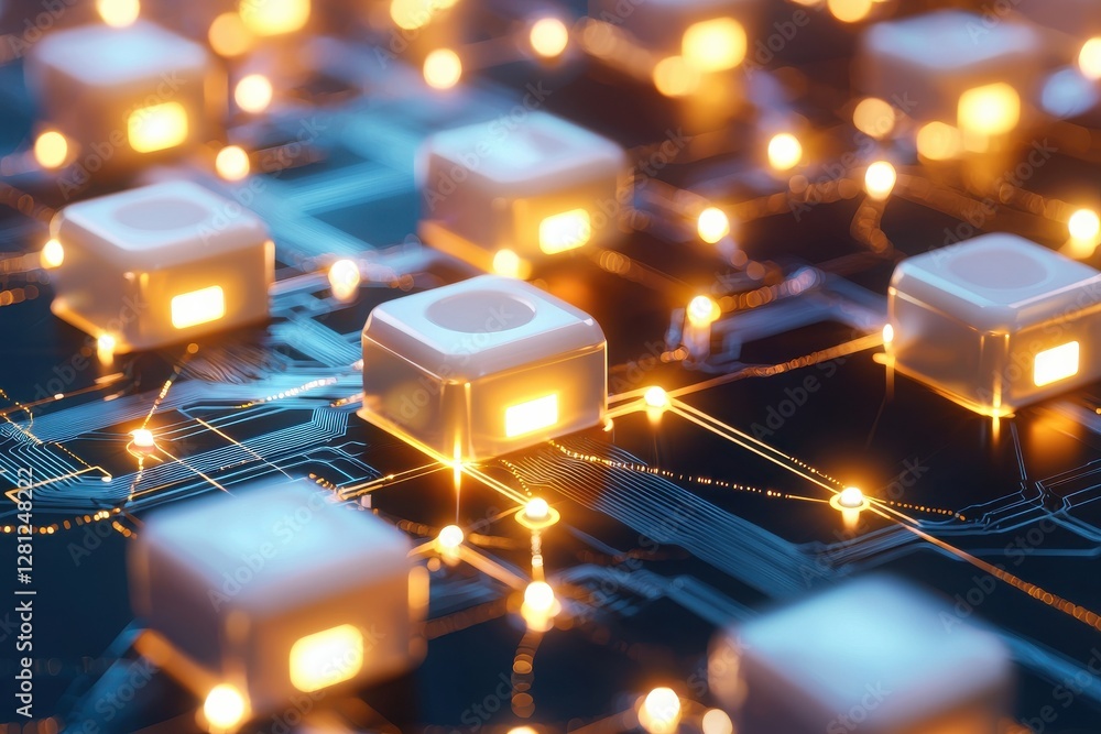 Poster a vibrant close-up of illuminated circuit board components, showcasing technology's intricate design