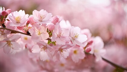 cherry blossoms in full bloom with a diagonal branch, delicate pink petals, blurred bokeh background in pastel colors, serene spring beauty