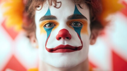 Obraz premium close-up of vibrant circus clown face painted in elaborate colors with joyful expression