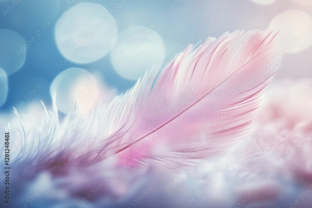 Poster delicate pink feather on soft background with ethereal bokeh effects and gentle lighting
