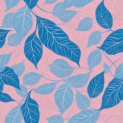 Fototapeta premium Beautiful pink background with blue leaf patterns, perfect for floral, elegant, and modern wallpaper or textile design inspiration