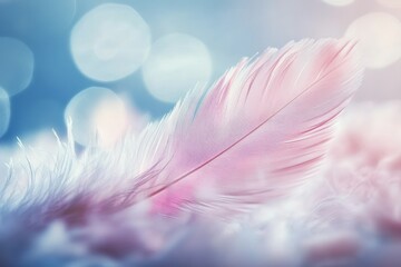 Naklejka premium Delicate Pink Feather on Soft Background with Ethereal Bokeh Effects and Gentle Lighting