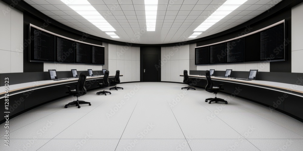 Poster a sleek, modern control room with curved walls, equipped with multiple screens and black chairs, des