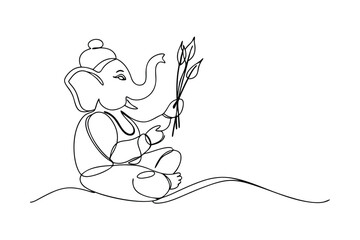SingleLine Drawing of Ganesh Holding Flowers, Hindu Deity