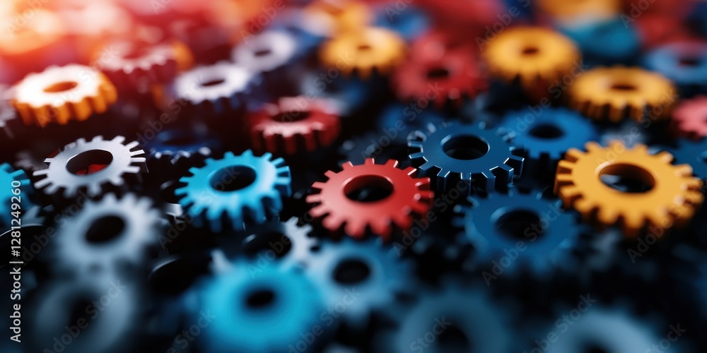 Poster a colorful collection of gears arranged in a chaotic pattern, showcasing various sizes and colors, e
