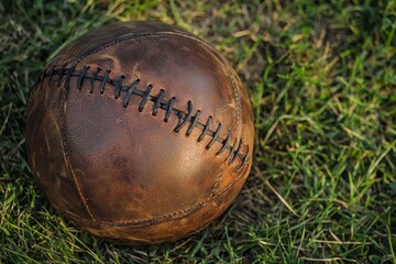 Obraz premium Old leather football on grass field, empty space.