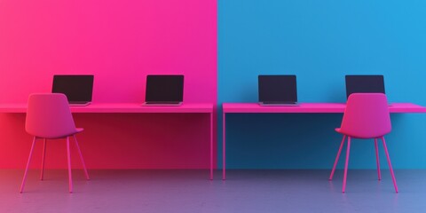 Obraz premium A vibrant workspace featuring pink and blue walls with modern desks and laptops, creating a stylish and lively atmosphere.