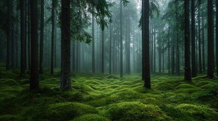 Fototapeta premium Dense forest with tall trees and vibrant moss-covered ground, symbolizing nature's resilience. Suitable for environmental, conservation, and ecological projects.