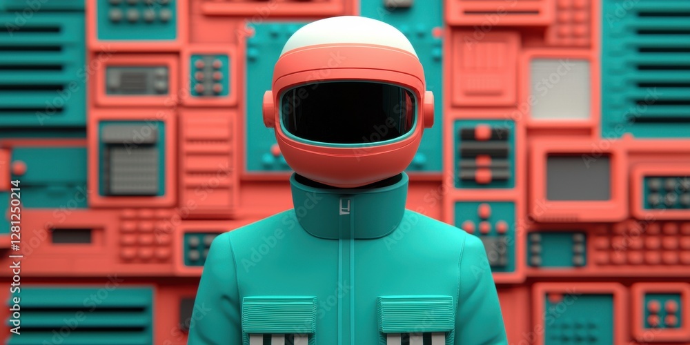 Poster a colorful, futuristic scene featuring a figure in a teal and red helmet with a textured background 