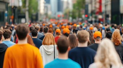 Busy Urban Street Filled with Diverse Crowd Wearing Orange Caps