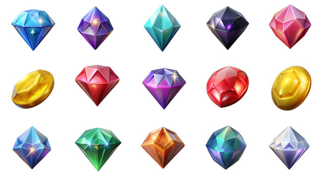 3d iconset of sparkly and shiny diamonds and crystals