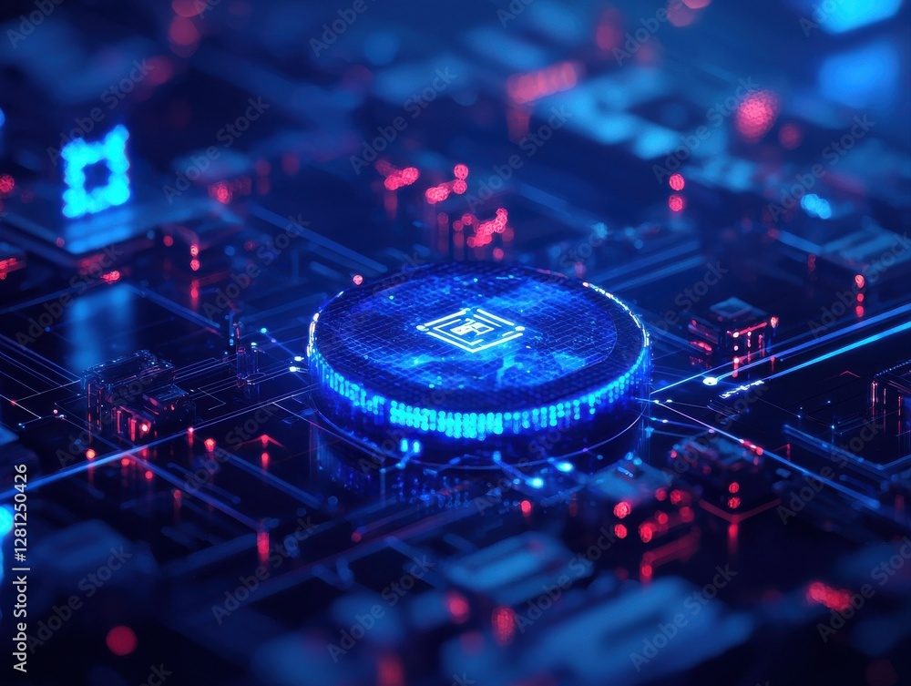Poster a futuristic close-up of a blue-lit microchip on a circuit board, showcasing intricate details and g