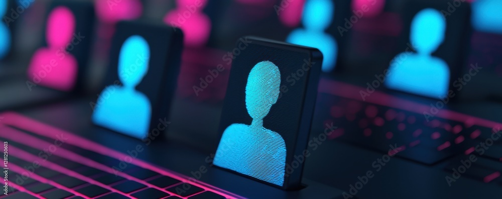Poster a digital representation of user profiles in neon colors, symbolizing cybersecurity and technology i