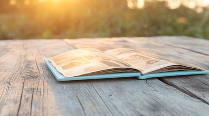 nostalgic scene of old family photo album with faded photographs on wooden table capturing essence of blurred memories