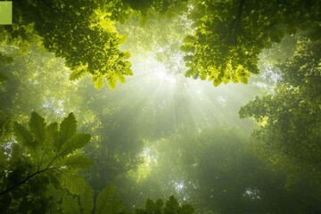 Obraz premium green forest canopy viewed from below with sunlight streaming through emphasizing vibrant nature themes