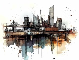 Urban watercolor creative concept. Urban skyline illustration with abstract watercolor effects and reflections on water.