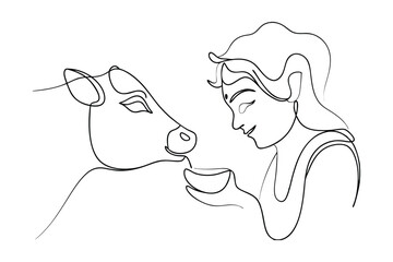 Woman Milking Cow Line Art, Indian Culture, Rural Life, Peaceful Scene, Agriculture, Tradition, 