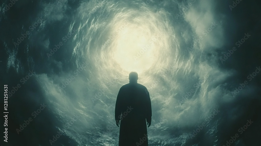 Poster A figure stands at the edge of a swirling light, suggesting a journey into the unknown or a transition beyond reality