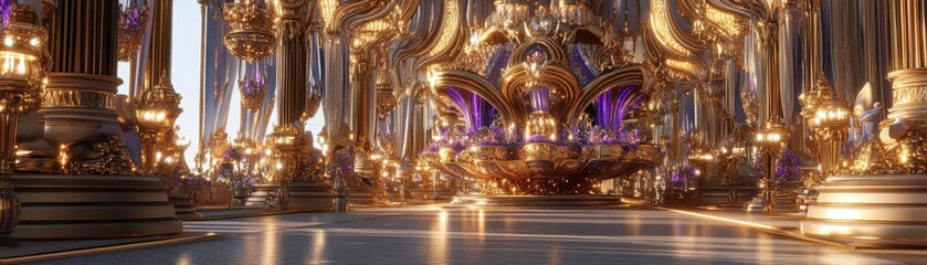 Fototapeta premium A grand, opulent interior featuring golden pillars, intricate designs, and purple accents, creating a majestic and luxurious ambiance.