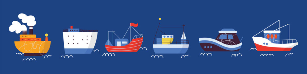 Naklejka premium Illustration of various colorful ships and boats on a blue background collection. Various boats and ships, ocean transport set. Nautical and maritime theme. Flat vector design isolated