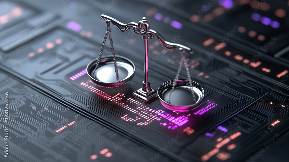 Poster digital representation of justice scales on circuit board symbolizes intersection of technology and 