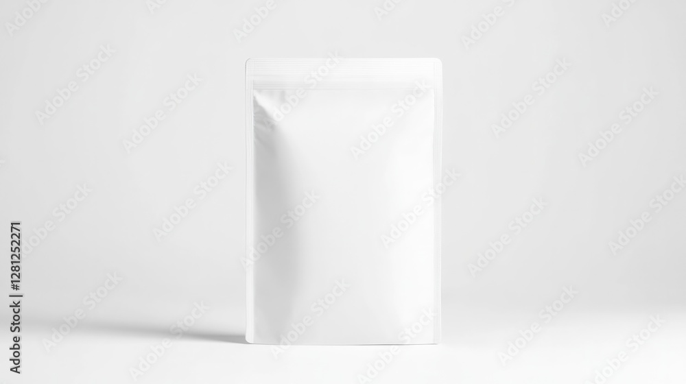 Poster clean and minimalistic design of white stand-up pouch with zipper closure centered on white backgrou