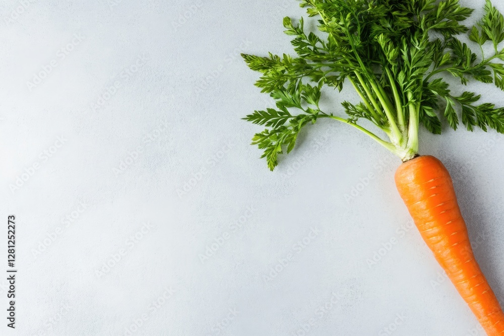 Poster clean photo of fresh carrot with its green tops placed on white background with soft shadows and wid