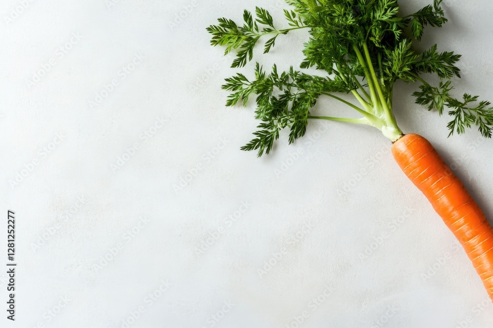 Poster clean photo of fresh carrot with its green tops placed on white background with soft shadows and wid