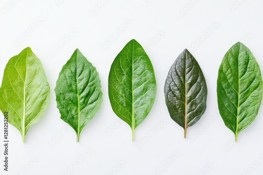 Poster clean shot of mixed leafy greens arranged symmetrically on smooth white background with ample copy s