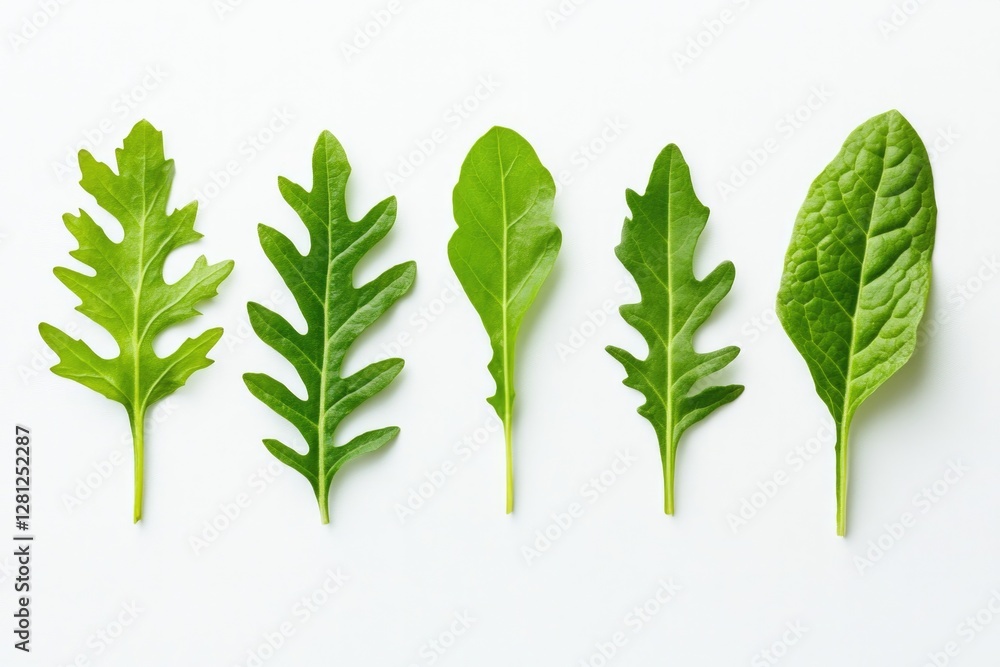Aufkleber clean shot of mixed leafy greens arranged symmetrically on smooth white background with ample copy s