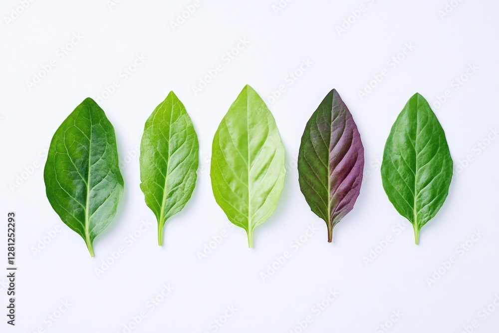 Poster clean shot of mixed leafy greens arranged symmetrically on smooth white background with ample copy s