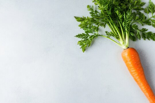 clean photo of fresh carrot with its green tops placed on white background with soft shadows and wide copy space