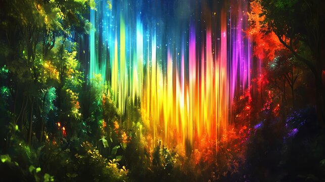 Rainbow Lights Illuminate A Magical Forest Scene