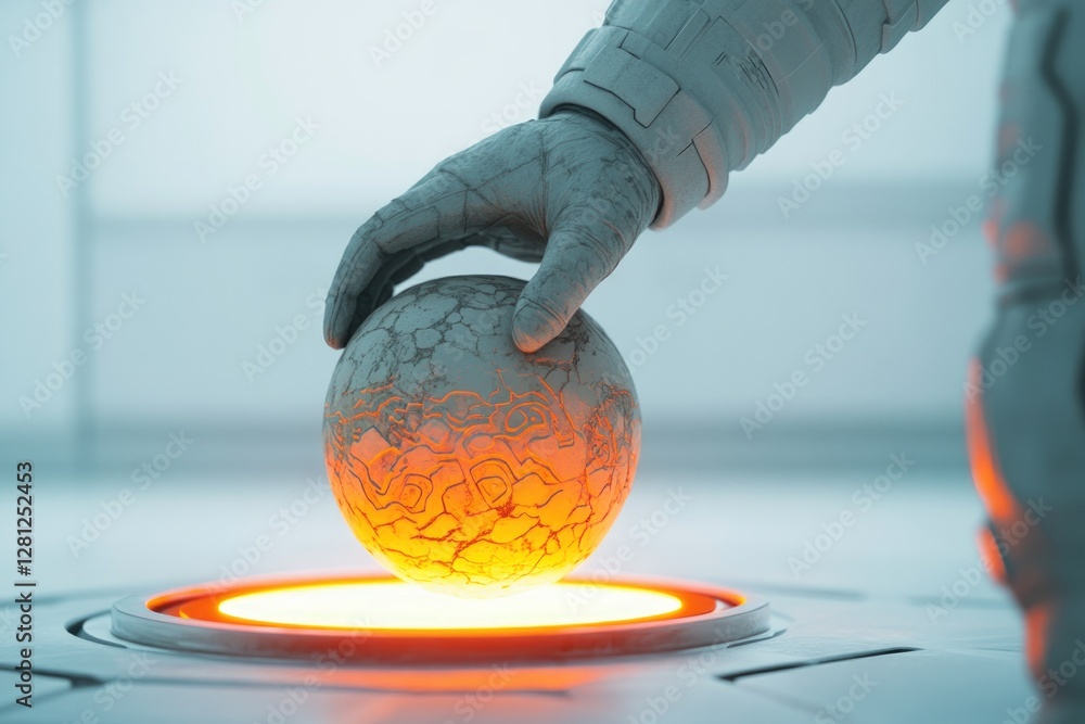 Poster close-up of extraterrestrial hand placing artifact into glowing receptacle intricate patterns on obj