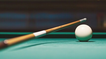 close-up shot of billiards cue precisely striking white cue ball against vividly green felt table