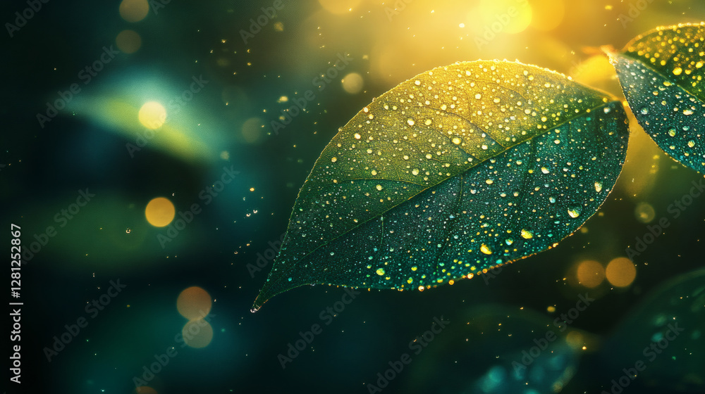 Aufkleber a close-up of dew-kissed green leaves sparkling in soft light, creating a serene and refreshing atmo