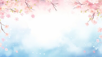 Fototapeta premium Blossoming cherry trees frame a serene blue sky with soft clouds creating a tranquil atmosphere perfect for springtime inspiration concept, banner with copy space