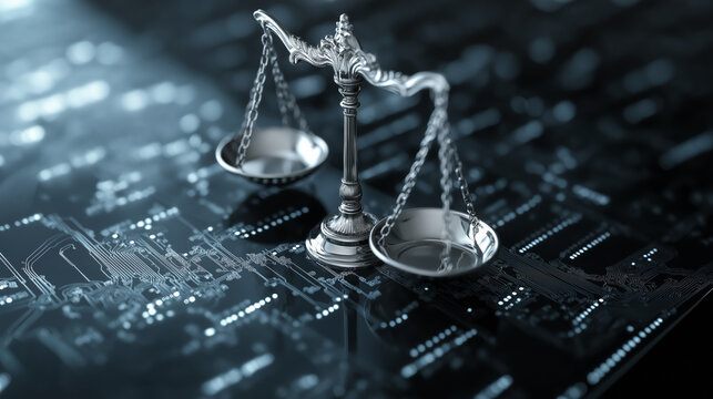 silver balance scale stands on digital circuit board, symbolizing intersection of technology and justice, highlighting ethical considerations in artificial intelligence