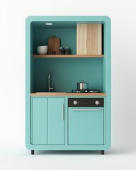 A small kitchen setup in a 3D rendering with a cube-shaped booth, painted in shades of blue and white. 