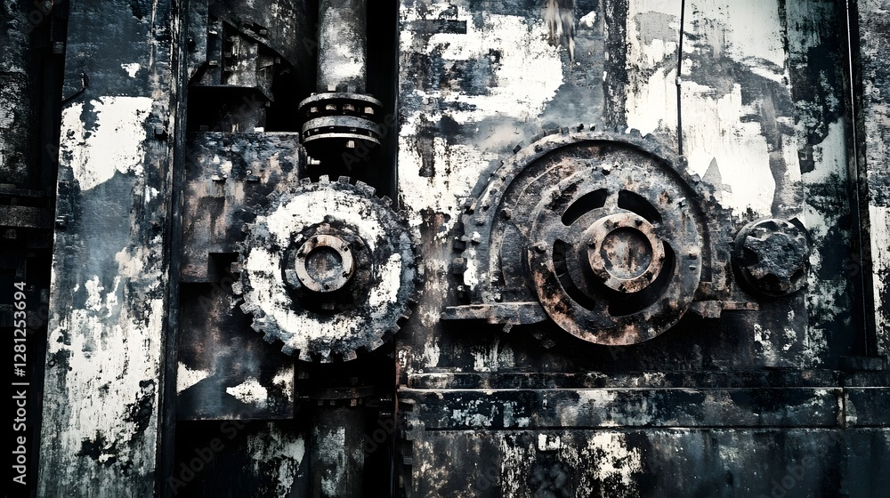 Aufkleber closeup view of old weathered and rusted industrial machinery gears and cogs in an abandoned decayin
