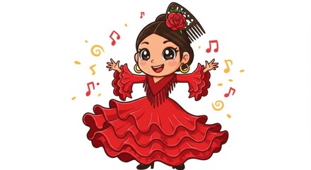 Obraz premium Cheerful young dancer with flamenco hair in a vibrant red dress performing traditional dance with musical notes around