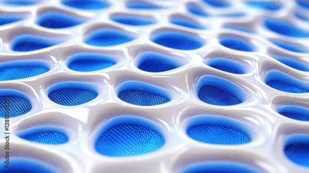 Poster abstract close up of a textured surface with a repeating pattern of white and blue circular shapes. 