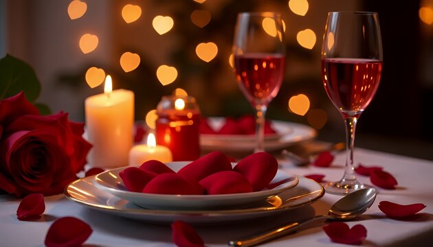 Romantic Valentine's Day dinner setup with candles, rose petals, and a glass of wine, creating an intimate and loving ambiance