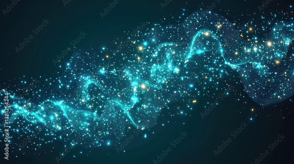 Poster vibrant abstract digital wave with sparkling particles and glowing effects in a dark background