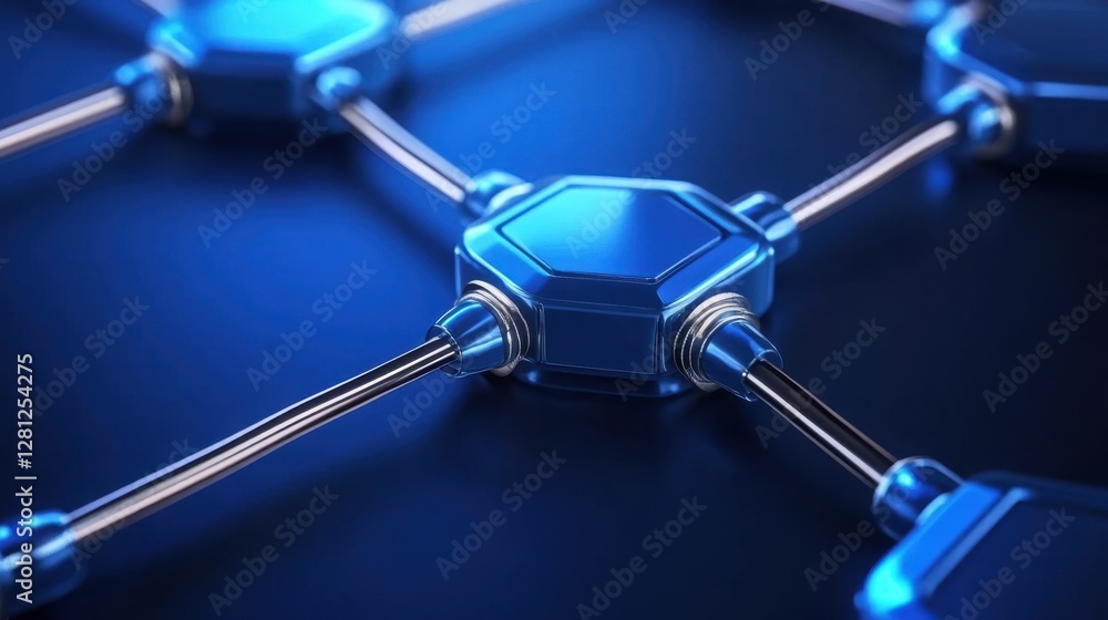 Poster abstract network concept metallic blue hexagonal nodes connected by silver cables on a dark blue bac