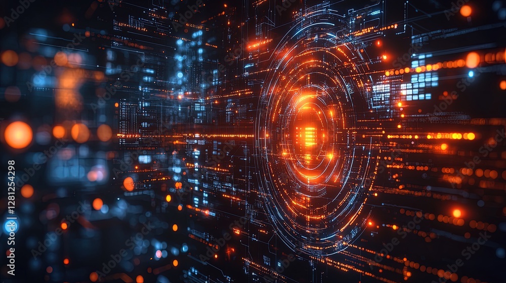 Wall mural abstract tech background with digital circuits, glowing data patterns, and futuristic symbols