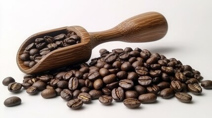 Obraz premium Coffee Lover concept. A wooden scoop filled with roasted coffee beans on a light background.